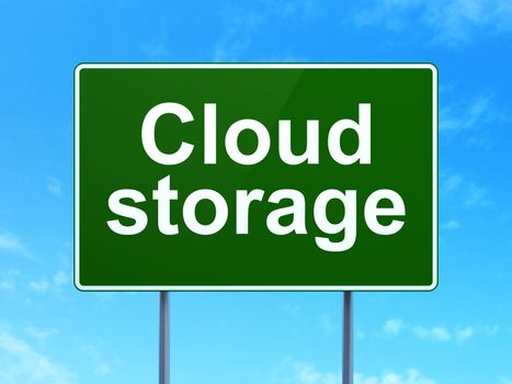 Protection concept: Cloud Storage on green road highway sign, clear blue sky background, 3D rendering