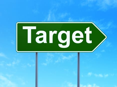 Business concept: Target on green road highway sign, clear blue sky background, 3D rendering