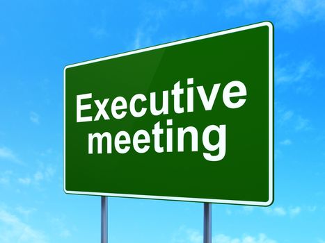 Finance concept: Executive Meeting on green road highway sign, clear blue sky background, 3D rendering