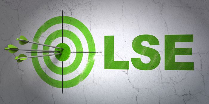 Success Stock market indexes concept: arrows hitting the center of target, Green LSE on wall background, 3D rendering