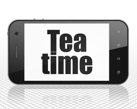 Timeline concept: Smartphone with black text Tea Time on display, 3D rendering