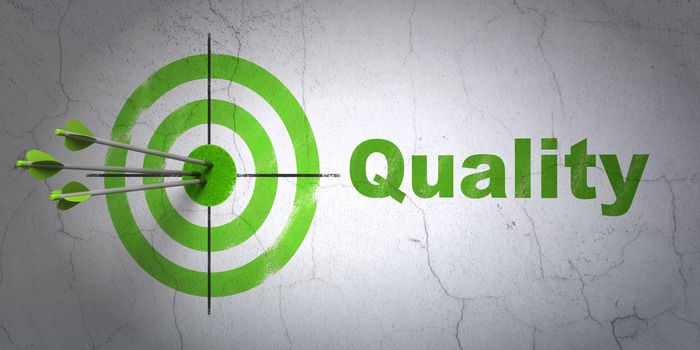 Success marketing concept: arrows hitting the center of target, Green Quality on wall background, 3D rendering