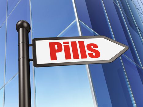 Medicine concept: sign Pills on Building background, 3D rendering