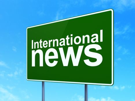 News concept: International News on green road highway sign, clear blue sky background, 3D rendering