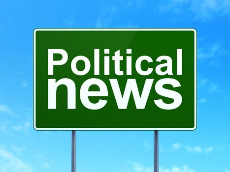 News concept: Political News on green road highway sign, clear blue sky background, 3D rendering