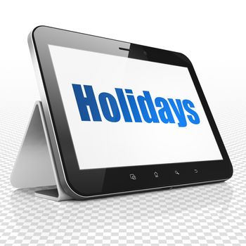 Holiday concept: Tablet Computer with blue text Holidays on display, 3D rendering