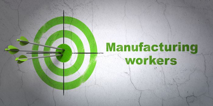 Success Industry concept: arrows hitting the center of target, Green Manufacturing Workers on wall background, 3D rendering