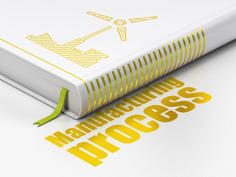 Manufacuring concept: closed book with Gold Windmill icon and text Manufacturing Process on floor, white background, 3D rendering