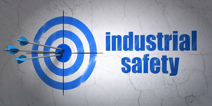 Success building construction concept: arrows hitting the center of target, Blue Industrial Safety on wall background, 3D rendering