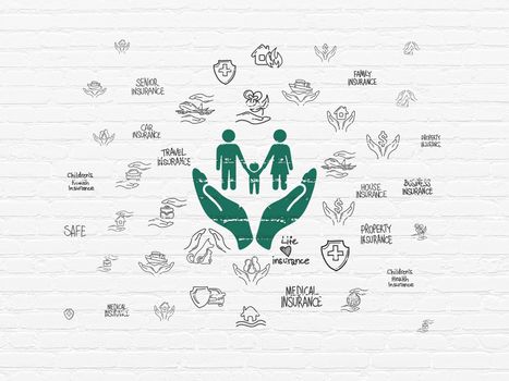 Insurance concept: Painted green Family And Palm icon on White Brick wall background with  Hand Drawn Insurance Icons