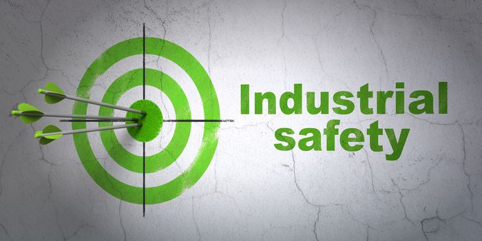 Success construction concept: arrows hitting the center of target, Green Industrial Safety on wall background, 3D rendering