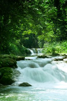 panorama view of nice waterfall in green tropic environment