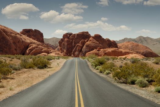panoramic view of hot summer road through the Fire Valley State Park in Utah