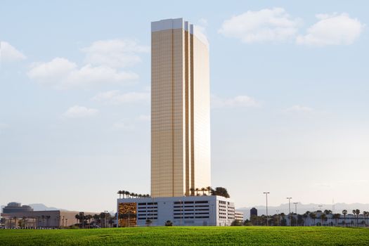 panoramic view of nice golden building during summer sunset