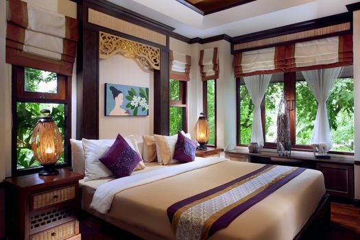 Panoramic view of nice ethnic  stylish modern bedroom