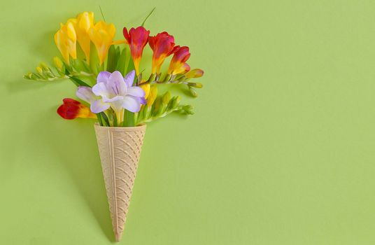 Freesias flowers in ice cream waffles