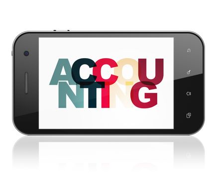 Currency concept: Smartphone with Painted multicolor text Accounting on display, 3D rendering