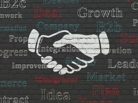Business concept: Painted white Handshake icon on Black Brick wall background with  Tag Cloud