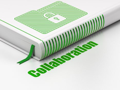 Business concept: closed book with Green Folder With Lock icon and text Collaboration on floor, white background, 3D rendering