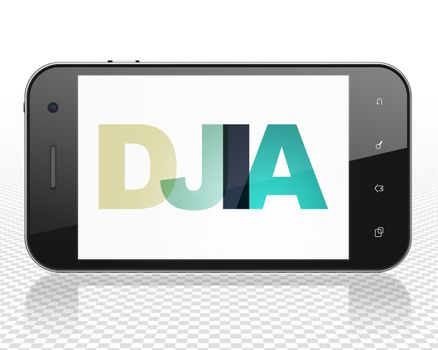 Stock market indexes concept: Smartphone with Painted multicolor text DJIA on display, 3D rendering