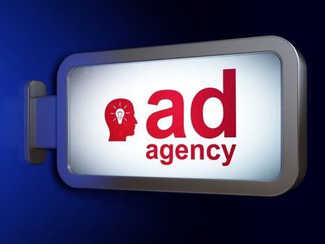 Marketing concept: Ad Agency and Head With Light Bulb on advertising billboard background, 3D rendering