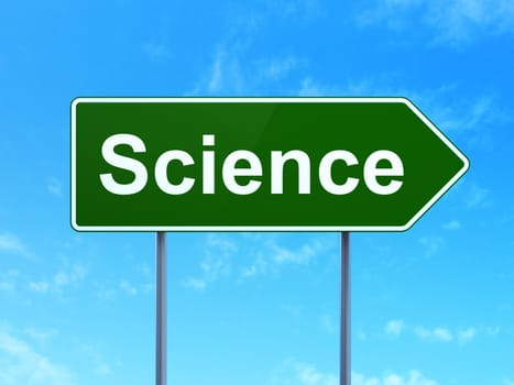 Science concept: Science on green road highway sign, clear blue sky background, 3D rendering