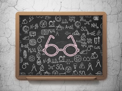 Science concept: Chalk Pink Glasses icon on School board background with  Hand Drawn Science Icons, 3D Rendering