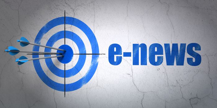 Success news concept: arrows hitting the center of target, Blue E-news on wall background, 3D rendering