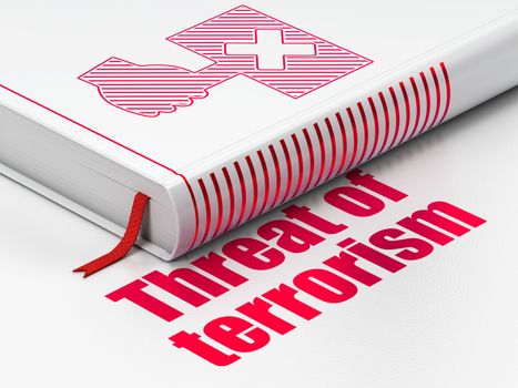Political concept: closed book with Red Protest icon and text Threat Of Terrorism on floor, white background, 3D rendering