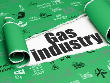 Industry concept: black text Gas Industry under the curled piece of Green torn paper with  Hand Drawn Industry Icons, 3D rendering