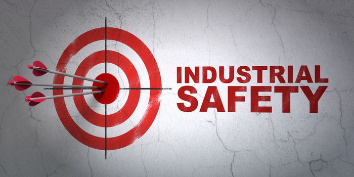 Success constructing concept: arrows hitting the center of target, Red Industrial Safety on wall background, 3D rendering