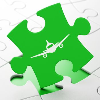 Vacation concept: Aircraft on Green puzzle pieces background, 3D rendering