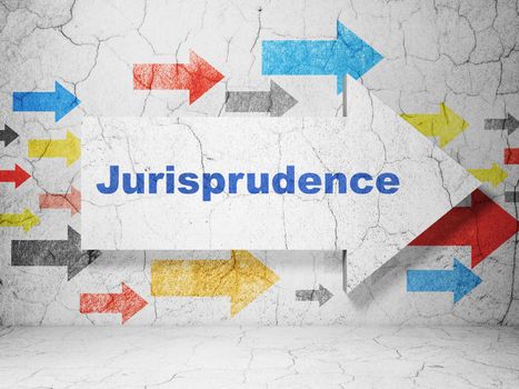 Law concept:  arrow with Jurisprudence on grunge textured concrete wall background, 3D rendering