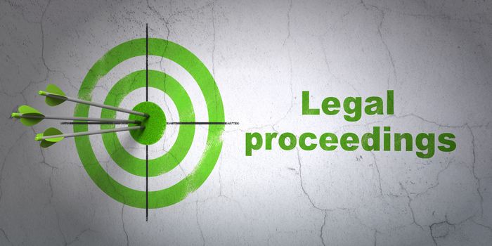 Success law concept: arrows hitting the center of target, Green Legal Proceedings on wall background, 3D rendering