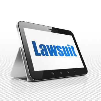 Law concept: Tablet Computer with  blue text Lawsuit on display,  Tag Cloud background, 3D rendering