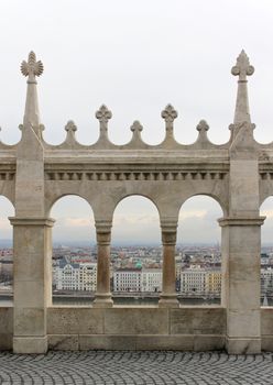 Hungary, Budapest, Castle Hill Gothic columns detail.