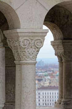 Hungary, Budapest, Castle Hill Gothic columns detail.