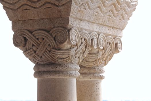 Hungary, Budapest, Castle Hill Gothic columns detail.