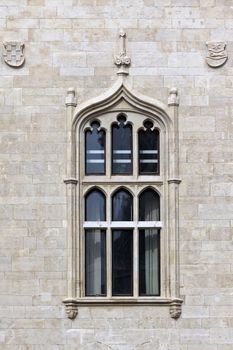 Hungary, Budapest, Matthias Church Gothic window detail.