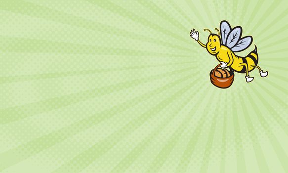 Business card showing Illustration of a bumble bee waving carrying a basket full of bread loaf done in cartoon style.



