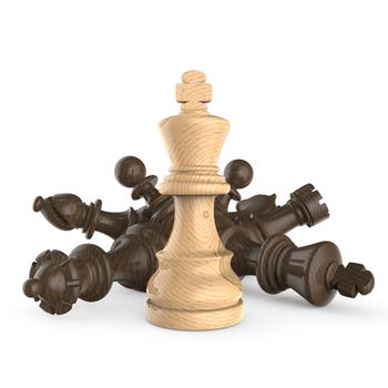 White wooden king standing over fallen wooden black chess pieces 3D render illustration isolated on white background