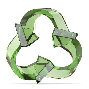 Green recycle sign, three arrows 3D render illustration isolated on white background