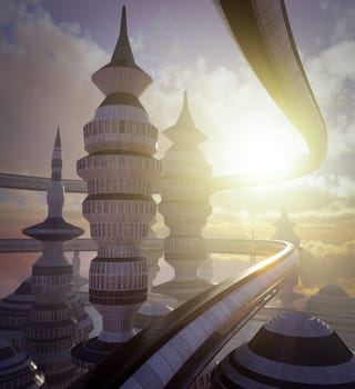 aerial view of Science Fiction City with clouds and sun