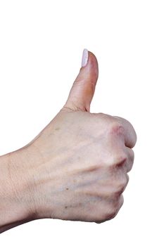 Female hand with thumbs up positive gesture on white