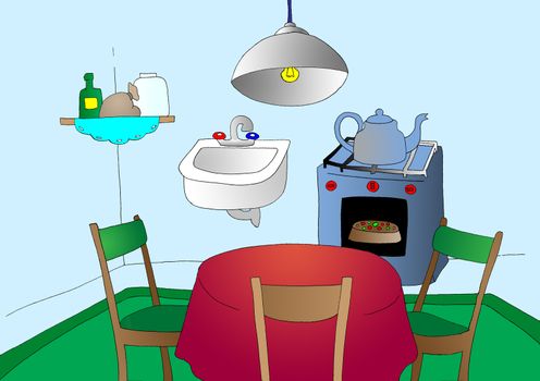 Cartoon Kitchen. Digital Painting Background, Illustration in primitive cartoon style character.