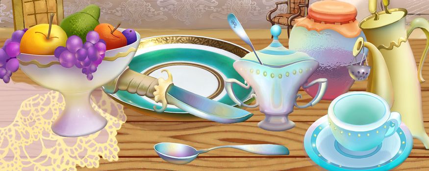 Fairy Tale Still Life of Tea Set and Vase of Fruits. Digital Painting Background, Illustration in cartoon style character.