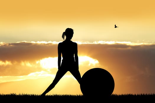 illustration of girl with pilates ball at sunset