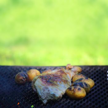 Baking lamb leg and potatoes on grill outdoors