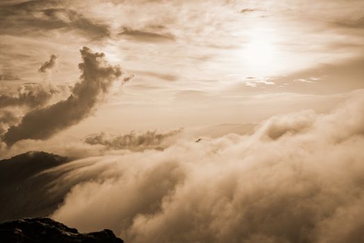 Sepia color vintage style Beautiful landscape nature of high mountain fog cloud and sky in winter from viewpoint Phu Chi Fa Forest Park at Chiang Rai Province, Thailand