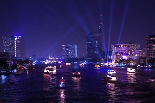 Chao Phraya river and city at twilight of Bangkok, Thailand
